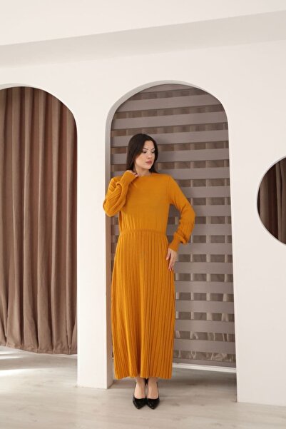REDMİNA fashion Waist Gathered Pleated Knitwear Dress