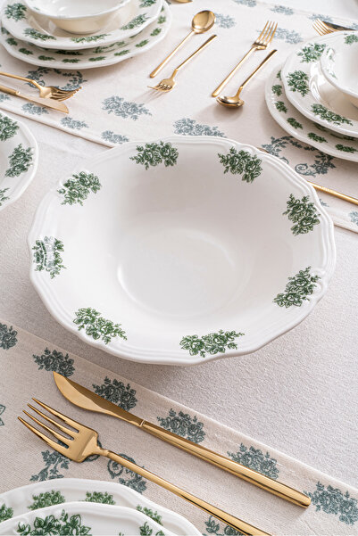 RUBİ PORSELEN Vintage Flowers Green 26 cm Salad Bowl 920 Cc – Floral Pattern Porcelain Bowl