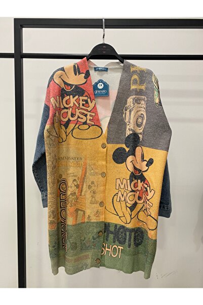 Hatun Atila Long Knit Cardigan with Denim Detail on the Sleeves - 1180