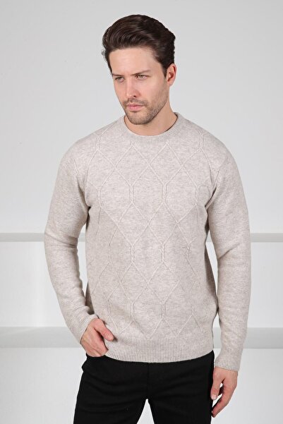 Ferraro A.Beige Crew Neck Embossed Honeycomb Patterned 100% Lamb Wool Men's Knitwear Sweater