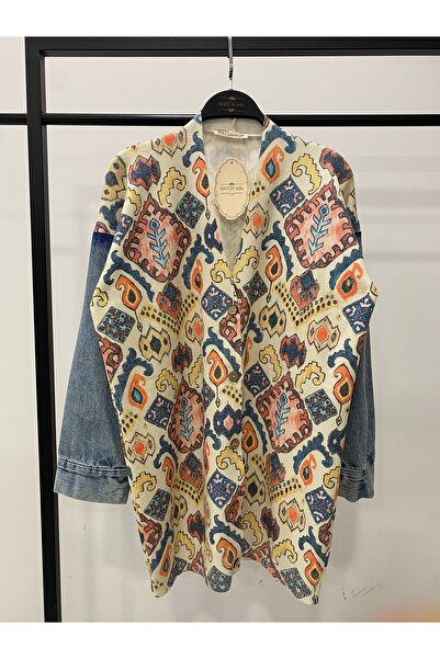 Hatun Atila Long Knit Cardigan with Denim Detail on the Sleeves - 1180