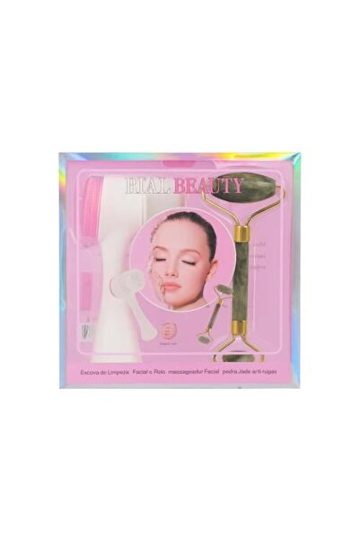 RIAL BEAUTY مجموعة فرشاة تنظيف الوجه وبكرة تدليك من اليشم