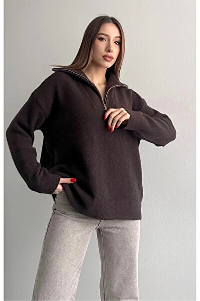 Coşkun GİYİM Women's Soft Textured Trucker Collar Zipper Detailed Sweater Brown 2584