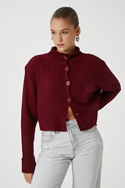 Ritnice Women's Wendy Grade Soft Texture Mock Neck Burgundy Knitwear Cardigan