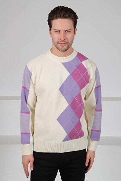 Ferraro Ecru/Lilac Crew Neck Diagonal Patterned 100% Lamb Wool Men's Knitwear Sweater