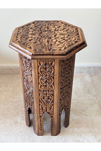 Arıkmert El Sanatları El Oyma Ceviz Ahşap Yan Sehpa 44x44x76 cm | Maraş El İş...