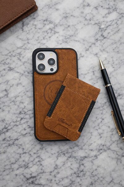 madamcase iPhone 13 Brown Luteni Leather Case with M-Safe Feature and Leather Card Holder with M-Safe Feature