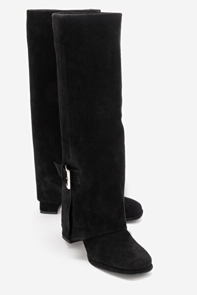 LuviShoes LOJO Siyah Süet Hakiki Deri Tokalı Kadın Kalın Topuklu Çizme