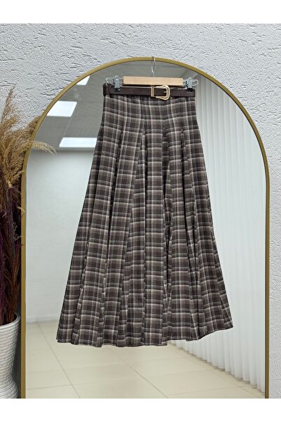 MİHRA STORE تنورة منقوشة بحزام خصر من إيشيل يوكسيل - AA4373 بسكويت