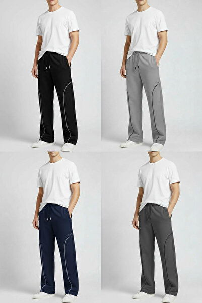 INFLUYENTE Men's Baggy Piped Detail Elastic Waist Comfortable Fit Wide Leg Transitional Sweatpants