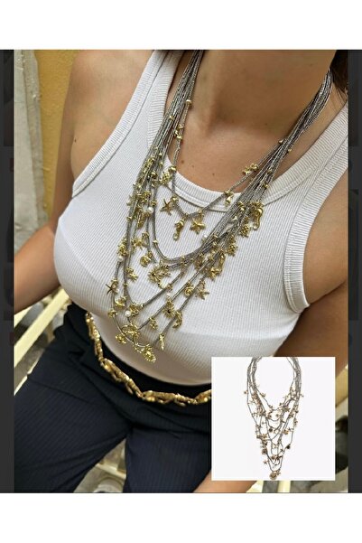 İnci Çoklu Zincir Charmlı Gold/Gümüş Kolye