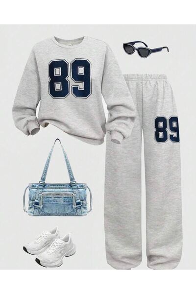 Kids Kız Çocuk 89 Baskılı GRİ Bisiklet Yaka Sweatshirt-Bol Kesim GRİ Eşofman ...