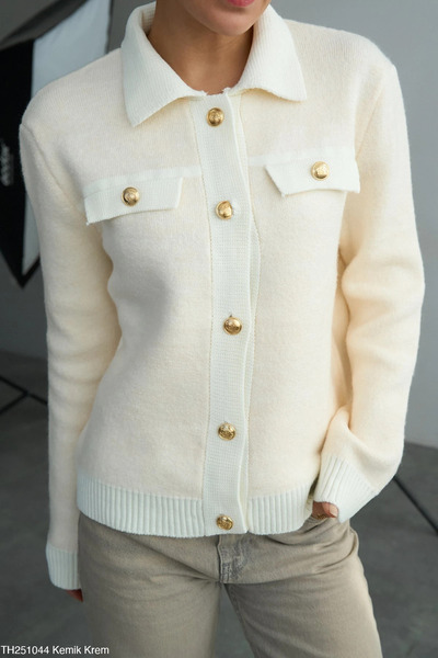 cemo Gold Düğmeli Polo Yaka Cepli Triko Hırka