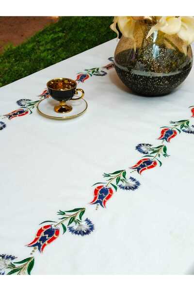 BAŞ TASARIM Türk İşi 8 Kişilik Beyaz Masa Örtüsü