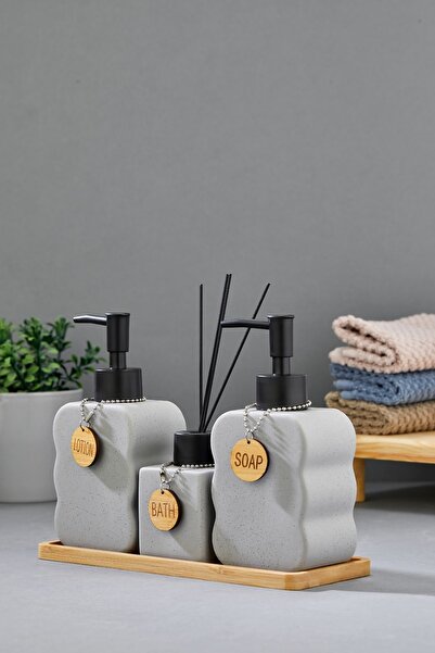 Cooker 3'lü 300 ml Seramik Bambu Standlı Banyo Seti CKR3883