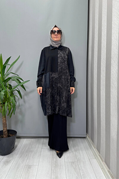 MissWhence Patterned Piece Detailed Silk Shirt Black 38303