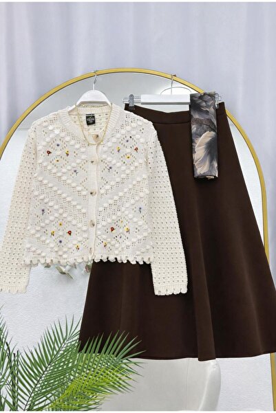 YEDİLALE Floral Knit Cardigan with Flared Skirt Two-Piece Set [Cardigan is standard size, skirt is sized]