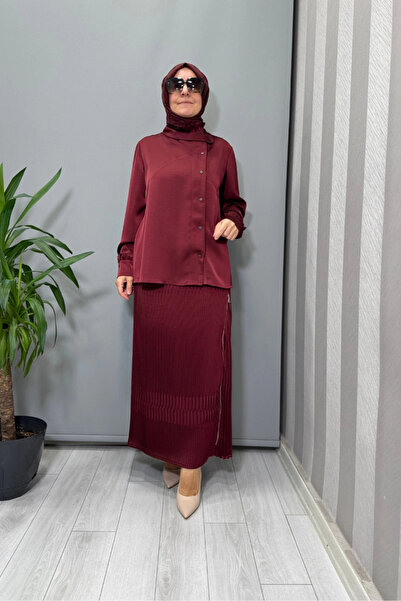 MissWhence Satin Pleated Skirt Set Burgundy 38015