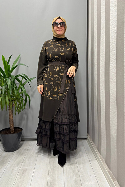 MissWhence Print Detailed Double Knitwear Dress Brown 38810