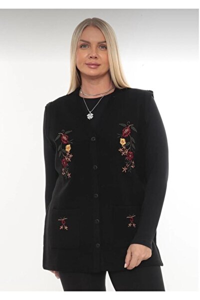 BLUEMOOR Women's Black Flower Embroidered Buttoned Stylish Vest