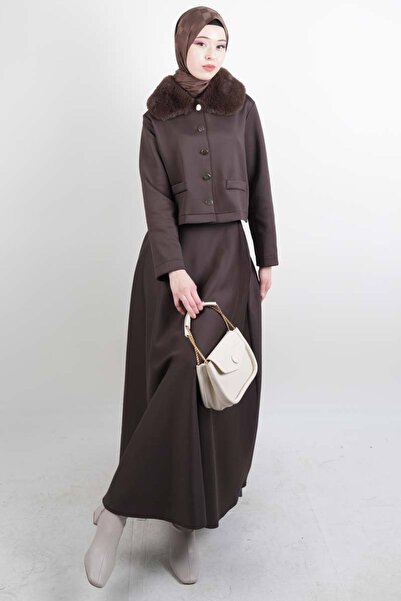 03KIZKULESITEKS Modest Clothing Set Collared Fur Short Jacket with Skirt Set ...