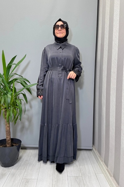 MissWhence Cupra Silk Dress with Pattern on the Back Gray 38827