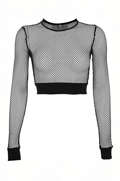 BALİNA Siyah Fileli Lastik Detaylı Y2K Crop Uzun Kollu