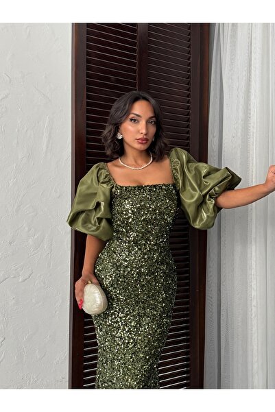 Housebutik PAYETLİ BALIK MODEL SATEN BALON KOL ABİYE