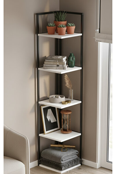 AYZ Ela 5 Raflı Metal Köşe Kitaplık Rafı Dekoratif Aksesuar Rafı 180 cm Beyaz