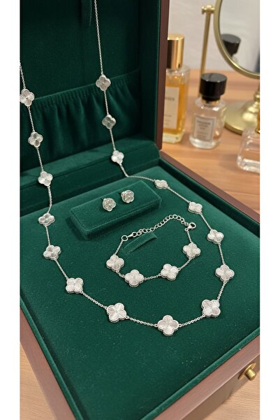 SR Jewelry Box Çiçek Figürlü Gümüş Renk Takı Seti | Kolye Bileklik Küpe Üçlü Set