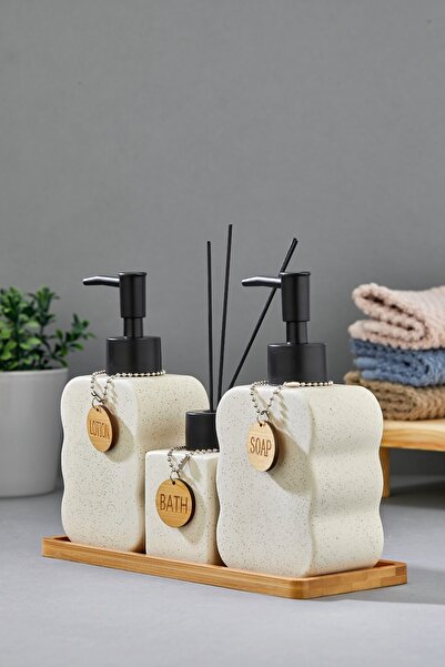 Cooker 3-Piece 300 ml Ceramic Bathroom Set with Bamboo Stand Ckr3883