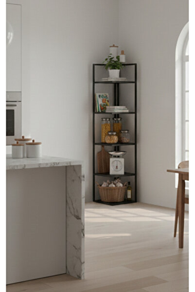 AYZ Ela 5 Raflı Metal Köşe Kitaplık Rafı Dekoratif Aksesuar Rafı 180 cm Siyah