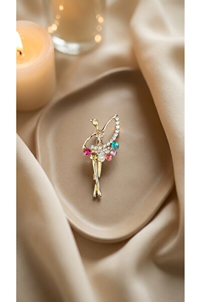 SR Jewelry Box Renkli Taşlı Balerin Figürlü Gold Broş | Zarif Kadın Figürü Ak...