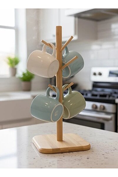 EVİMDM Bambu Kupa Askılığı – Tezgah Üstü Ahşap Bardak Standı(6 adet askı çubuğu)