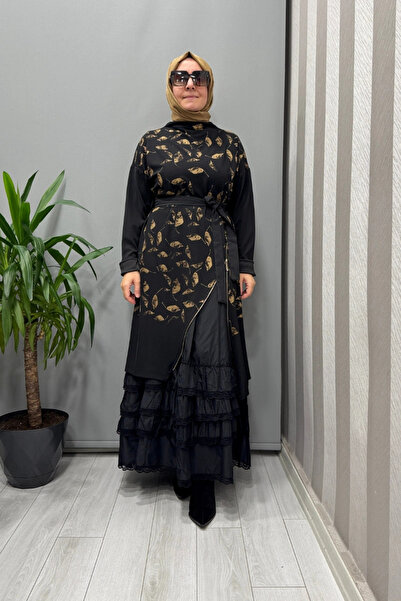 MissWhence فستان تريكو مزدوج بتفاصيل مطبوعة أسود 38810