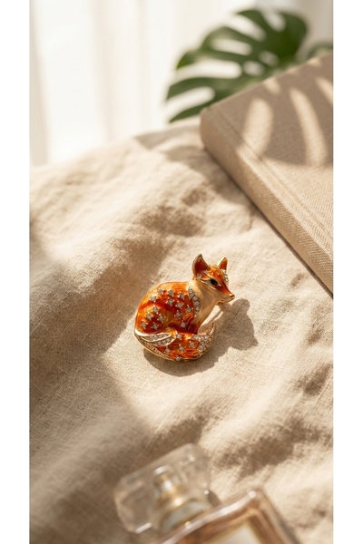 SR Jewelry Box Taşlı Tilki Figürlü Gold Broş | Renkli Kristal Detaylı Şık Kad...