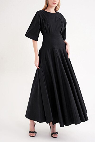 SOCIETA Siyah Geniş kollu, kurdela detaylı volanlı elbise 94434