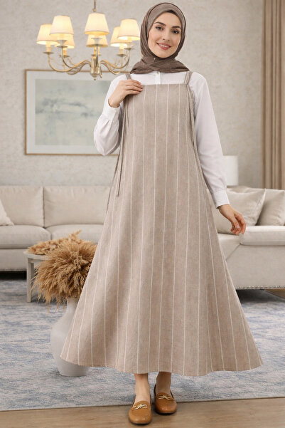 ELMODA Kadın Bej Çizgili Ayarlanabilir Ip Askılı Jile Elbise