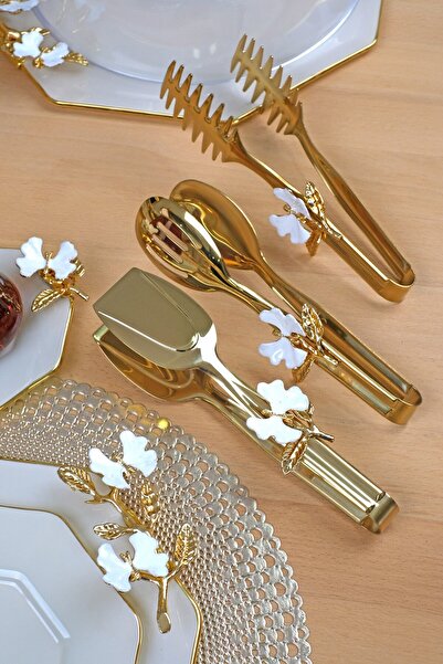 Glore P05-012-White Butterfly Gold 3-Piece Tongs Set