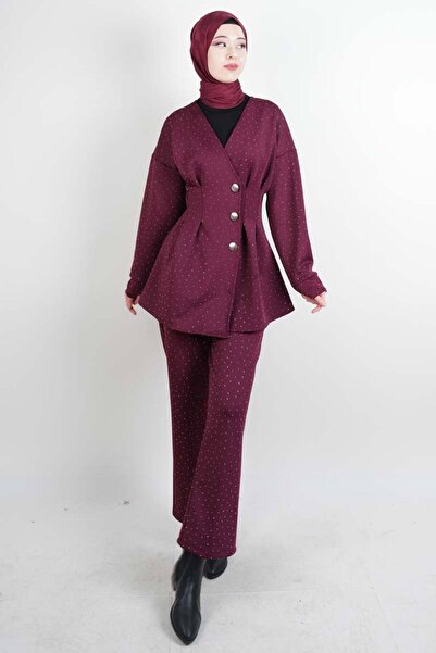 03KIZKULESITEKS طقم حجاب كامل مزين بالأحجار مع 3 أزرار في الخصر وتصميم سكوبا ...