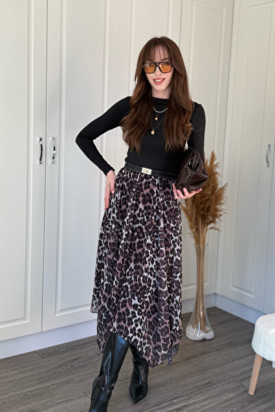 Dilay Gökoğlu Butik Leopar Desenli Asimetrik Şifon Midi Etek