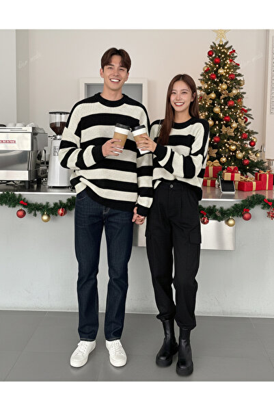 Dier Moda Women's Black Ecru Striped Sweater Lover Combination - 2-Piece Set ...