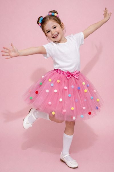 Ceylin Fashion Kız Çocuk Rengarenk Ponpon Tüllü Astarlı Hayal Tüllü Tütü Etek...