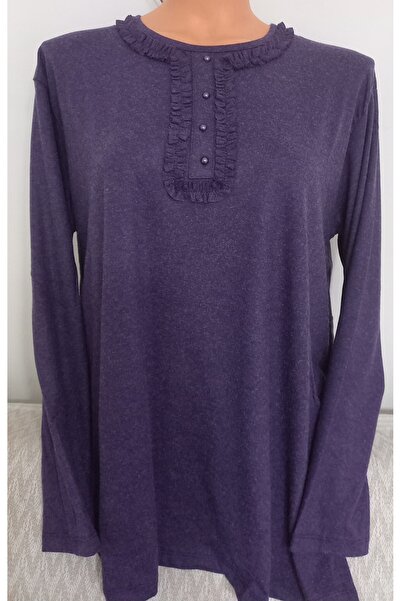 Anne ملابس شتوية للرجال، بلوزة قطنية ممشطة بأكمام طويلة وياقة دائرية باللون الأرجواني