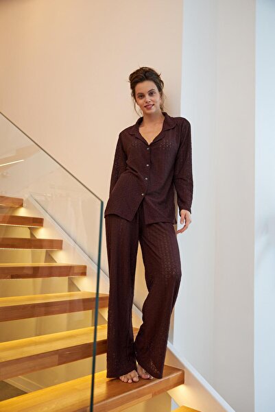 Akbeniz Women's Plum Front Buttoned Comfortable Cut Pajama Set