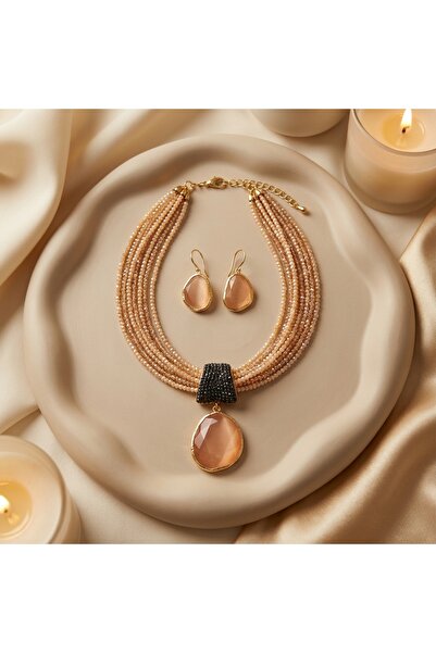 SR Jewelry Box Pudra Tonlu El Yapımı Çok Sıralı Kolye ve Küpe Seti – Gold Kaplama Şık Kadın Takı