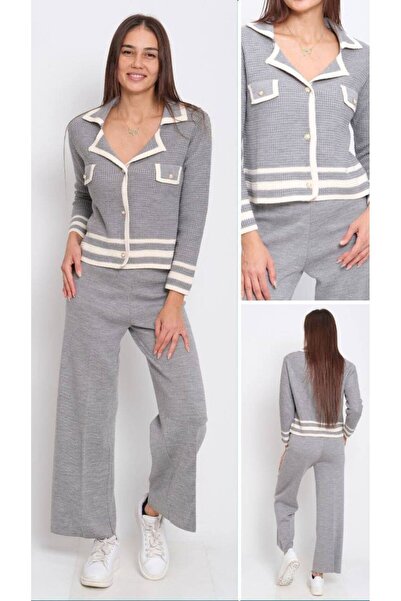 Cannes Women's Knitwear Buttoned Gray Jacket and Pants Set