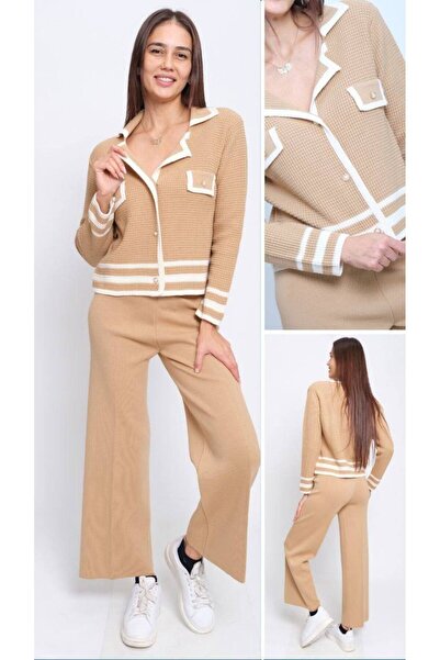 Cannes طقم سترة وبنطلون نسائي من التريكو بأزرار باللون البيج