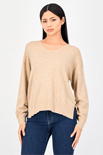 French Connection Women V Neck Heather Sweater, Dark Beige