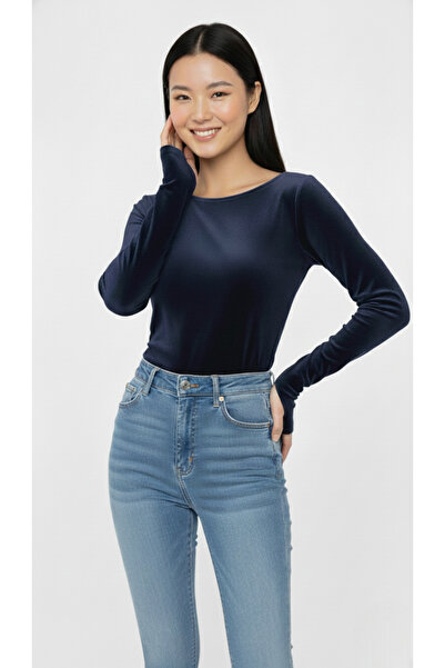 SmallTouch Kadın Parmak Geçmeli Uzun Kollu Kadife Kumaş Bluz